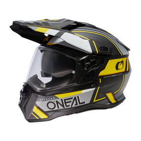 Il casco O'NEAL D-SRS SQUARE è un casco da moto nero, bianco e giallo con visiera trasparente, design aerodinamico e logo O'NEAL laterale.