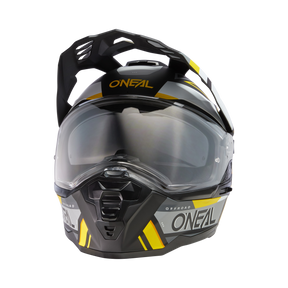 Vista frontale del casco O'NEAL D-SRS SQUARE nei colori nero, giallo e bianco con visiera trasparente e marchio O'NEAL sulla fronte e sul mento.