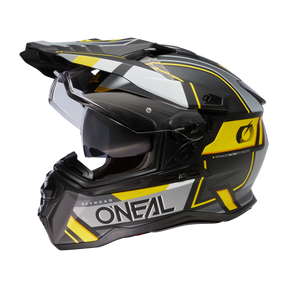 Il casco O'NEAL D-SRS SQUARE è un casco da moto nero, giallo e bianco con visiera, design aerodinamico, grafica laterale accattivante e marchio O'NEAL in evidenza.