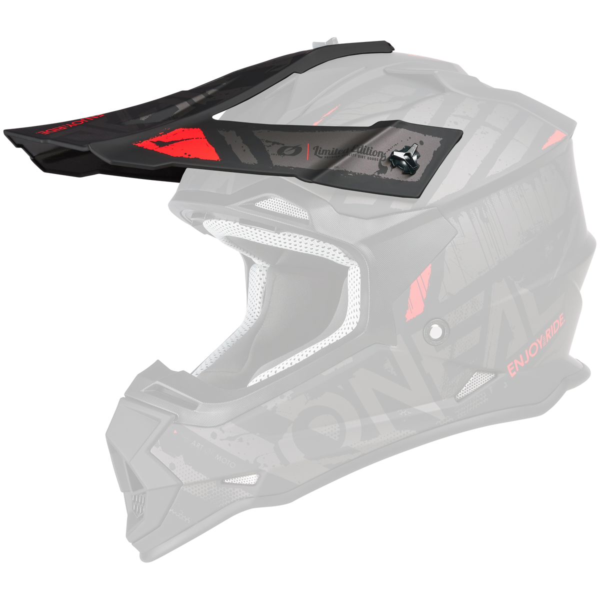 Le casque O'NEAL Visor 2SRS Helmet GLITCH est un casque de motocross noir mat avec des ouvertures d'aération carrées, des accents rouges, des graphiques accrocheurs, une visière et une protection du menton rembourrée. Les mots "ENJOY RIDE" et "O'NEAL" sont inscrits sur le côté.