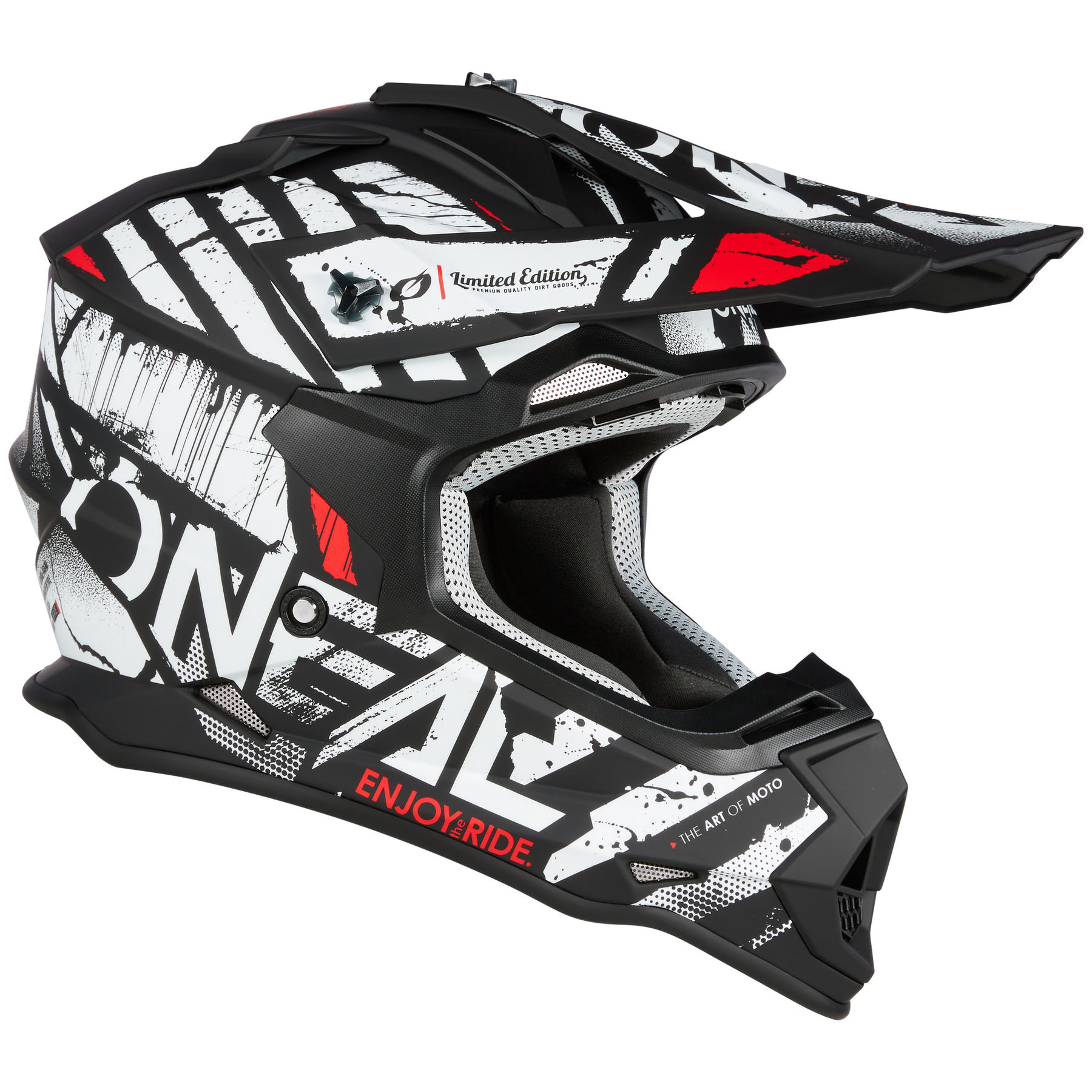 Der O'NEAL 2SRS Helm GLITCH ist ein schwarz-weißer Motocross-Helm mit auffälligen Grafiken, roten Akzenten, einem Visier und dem Schriftzug "ENJOY& RIDE" sowie "Limited Edition" an der Seite - die ideale Ausrüstung für ernsthafte Fahrer.