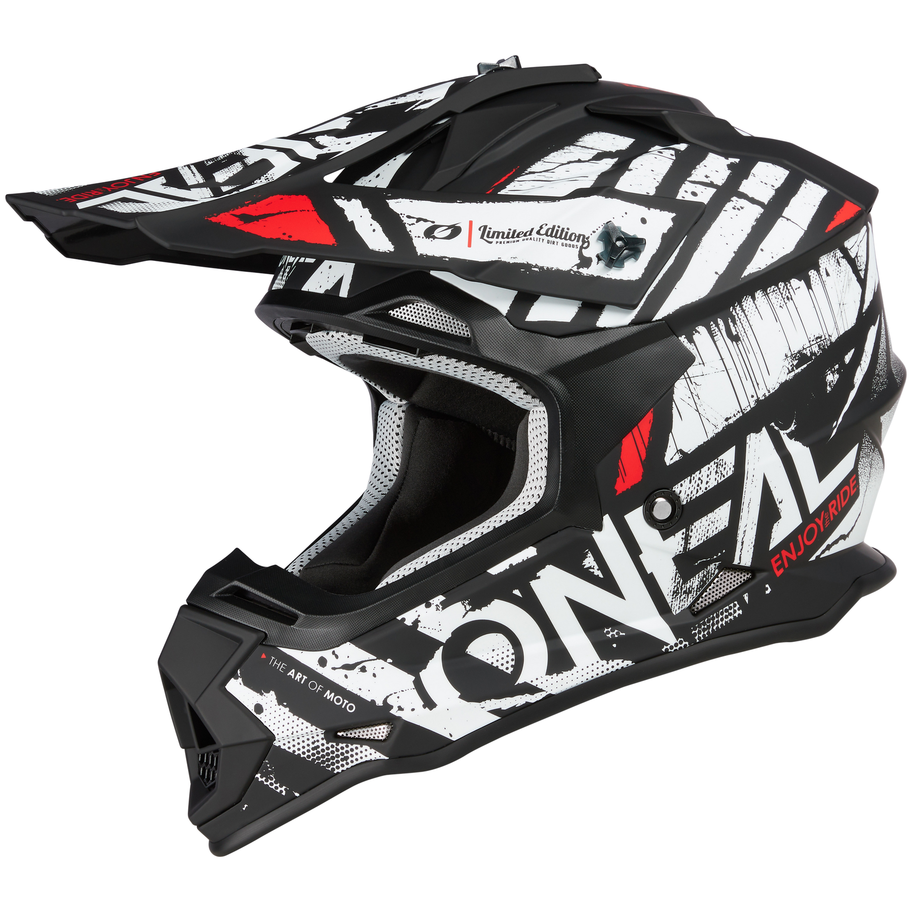 Der O'NEAL 2SRS Helm GLITCH ist ein schwarz-weiß-roter Motocross-Helm mit auffälligen Grafiken, einem markanten Seitenlogo, einem Visier, Belüftungsöffnungen und dem Text "Limited Edition" - ideal für Motorradfans.