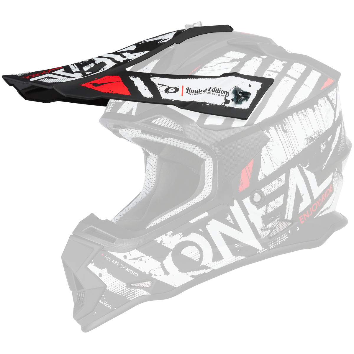 Le casque O'NEAL Visor 2SRS Helmet GLITCH est un casque de motocross noir et blanc avec des accents rouges, des motifs graphiques accrocheurs, "O'NEAL" et "Enjoy Ride" sur le côté, une visière et une forme robuste et anguleuse.