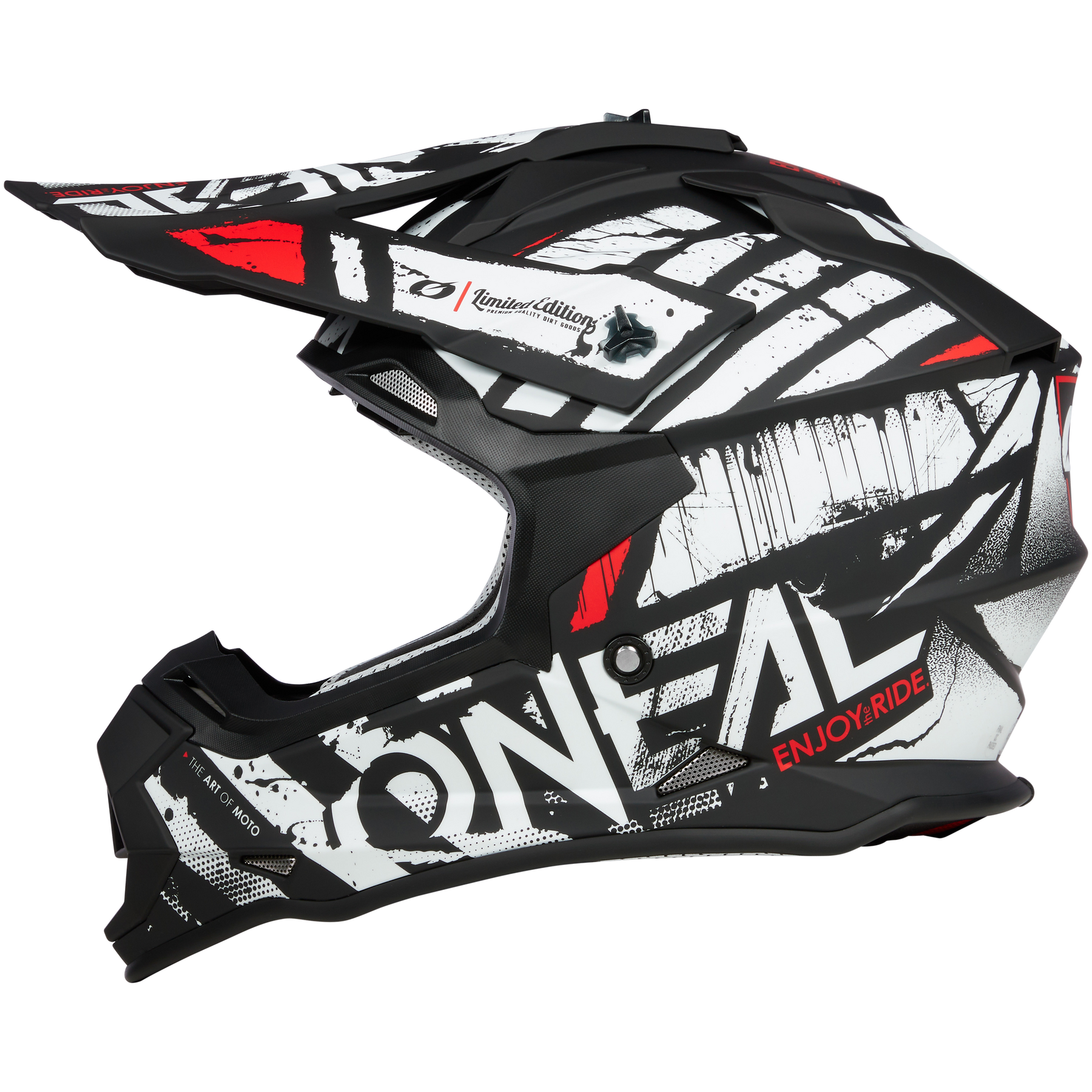 Der O'NEAL 2SRS Helm GLITCH ist ein auffälliger schwarz-weiß-roter Motocross-Helm mit geometrischen Mustern, "ENJOY RIDE" an der Seite, einem Visier und einem aerodynamischen, kantigen Design für mutige Fahrer.