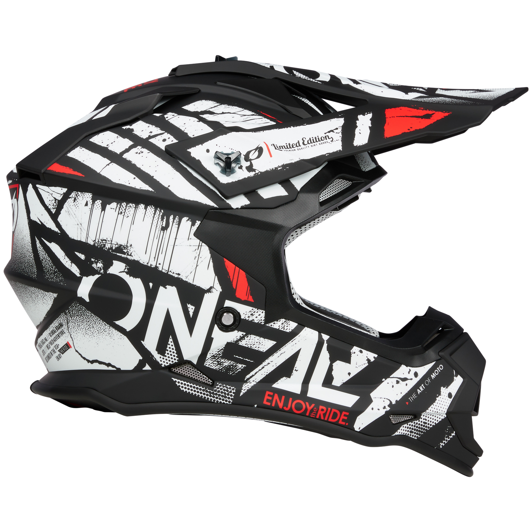 Der O'NEAL 2SRS Helm GLITCH ist ein schwarzer Motocross-Helm mit weißer, roter und grauer abstrakter Grafik, "ENJOY RIDE"- und "Limited Edition"-Schriftzug sowie einem Visier, Kinnschutz und kantigem Design für kühnen Stil und Schutz.