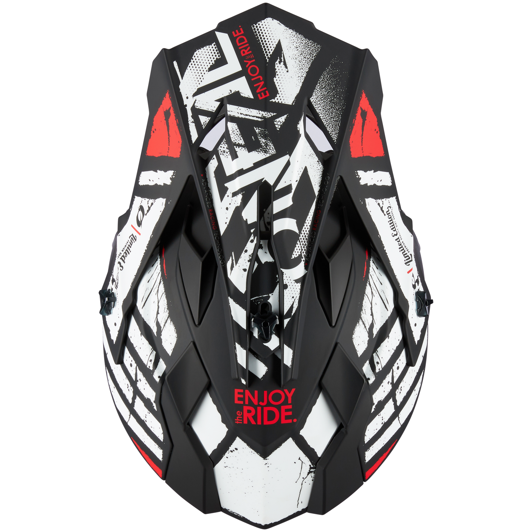 Der O'NEAL 2SRS Helm GLITCH ist ein schwarz-weiß-roter Motocross-Helm mit abstrakter Grafik und "ENJOY THE RIDE"-Schriftzug - die ideale Motorradausrüstung für jeden Fahrer.