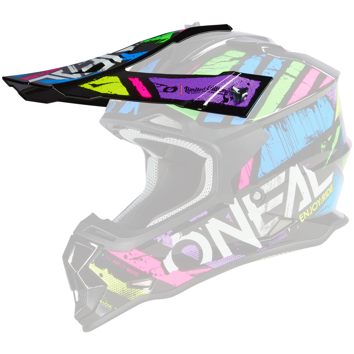 Der O'NEAL Visor 2SRS Helm GLITCH ist ein farbenfroher Motocross-Helm mit einer schwarzen Basis, auffälligen neongrünen, blauen, pinken und gelben Streifen und dem Schriftzug "O'NEAL" an der Seite.