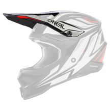 Der O'NEAL Visor 3SRS Helmet VERTICAL ist ein schwarz-weiß-roter Motocross-Helm mit Visier, geometrischem Design, Belüftungsöffnungen und dem O'NEAL-Logo, der stilvollen Schutz für Offroad-Fahrer bietet.