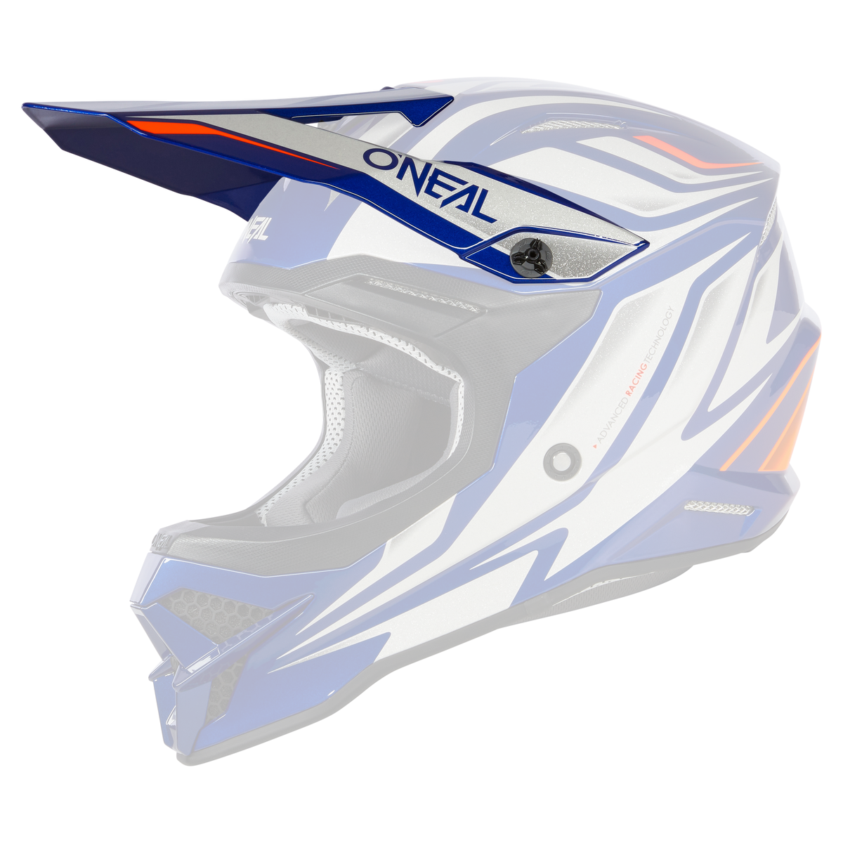 The O'NEAL Visor 3SRS VERTICAL helmet has a blue, white and orange edgy design with an extended visor, side O'NEAL branding, vents and a padded interior for comfort and protection.