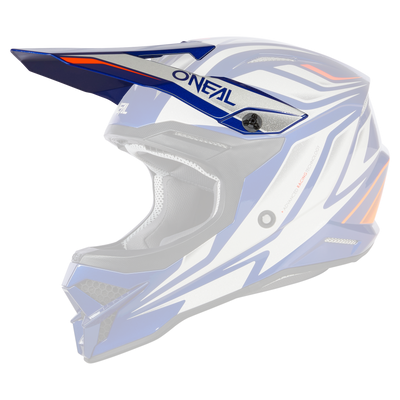 Il casco O'NEAL Visor 3SRS VERTICAL è caratterizzato da un design blu, bianco e arancione con visiera estesa, marchio O'NEAL laterale, prese d'aria e interni imbottiti per garantire comfort e protezione.