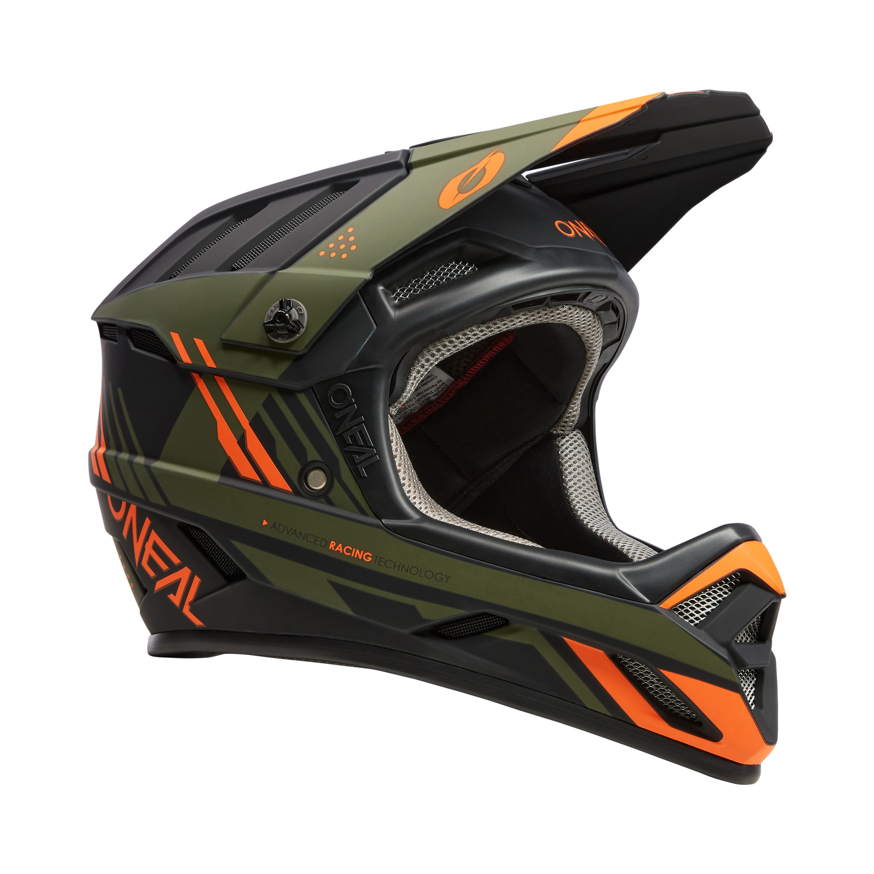 Der O'NEAL BACKFLIP Helm STRIKE ist ein Fullface-MTB-Helm in mattem Schwarz, Orange und Olivgrün mit kantigen Streifen und dem O'NEAL-Logo - ideal für Mountainbiking, Offroad-Fahrten und Rennen.