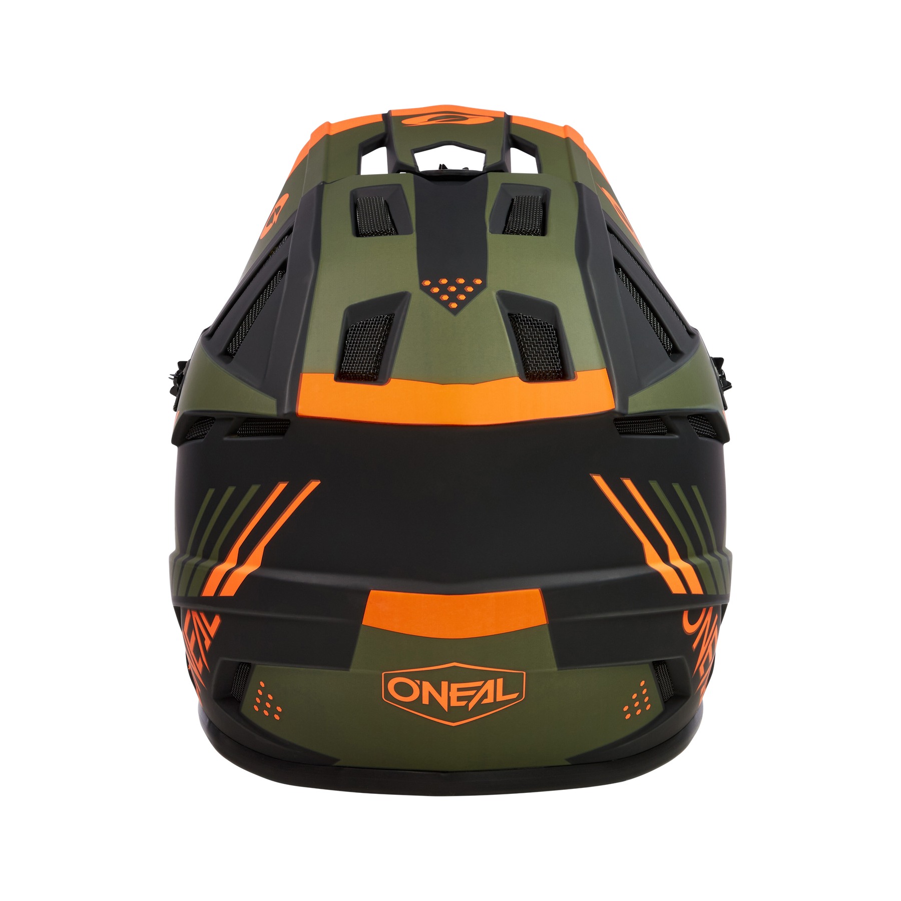 Der O'NEAL BACKFLIP Helm STRIKE ist ein grün-schwarzer Fullface-MTB-Helm mit orangefarbenen Akzenten, geometrischen Mustern, Belüftungsöffnungen, scharfen Linien und einem orangefarbenen O'NEAL-Logo - ideal für jedes Mountainbike-Abenteuer.