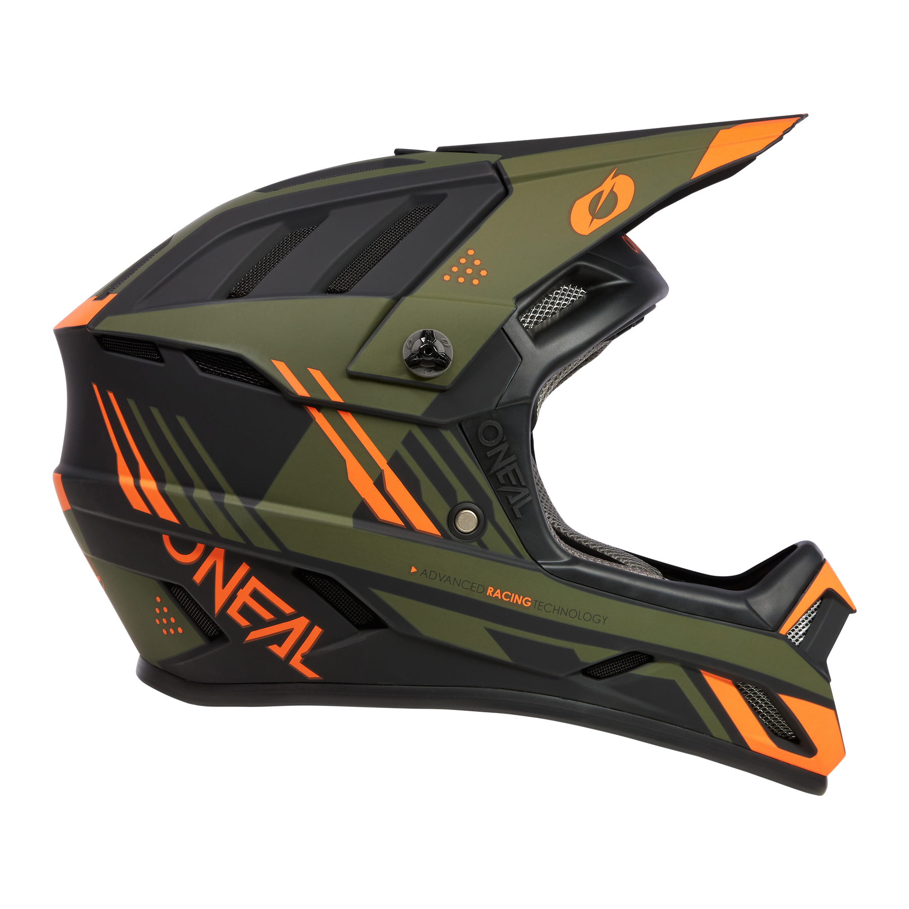 Seitenansicht des O'NEAL BACKFLIP Helm STRIKE, ein Vollvisier-MTB-Helm in mattem Olivgrün, Schwarz und Orange mit geometrischen Grafiken, Visier und Belüftung - ideal für Motocross und Mountainbiking.