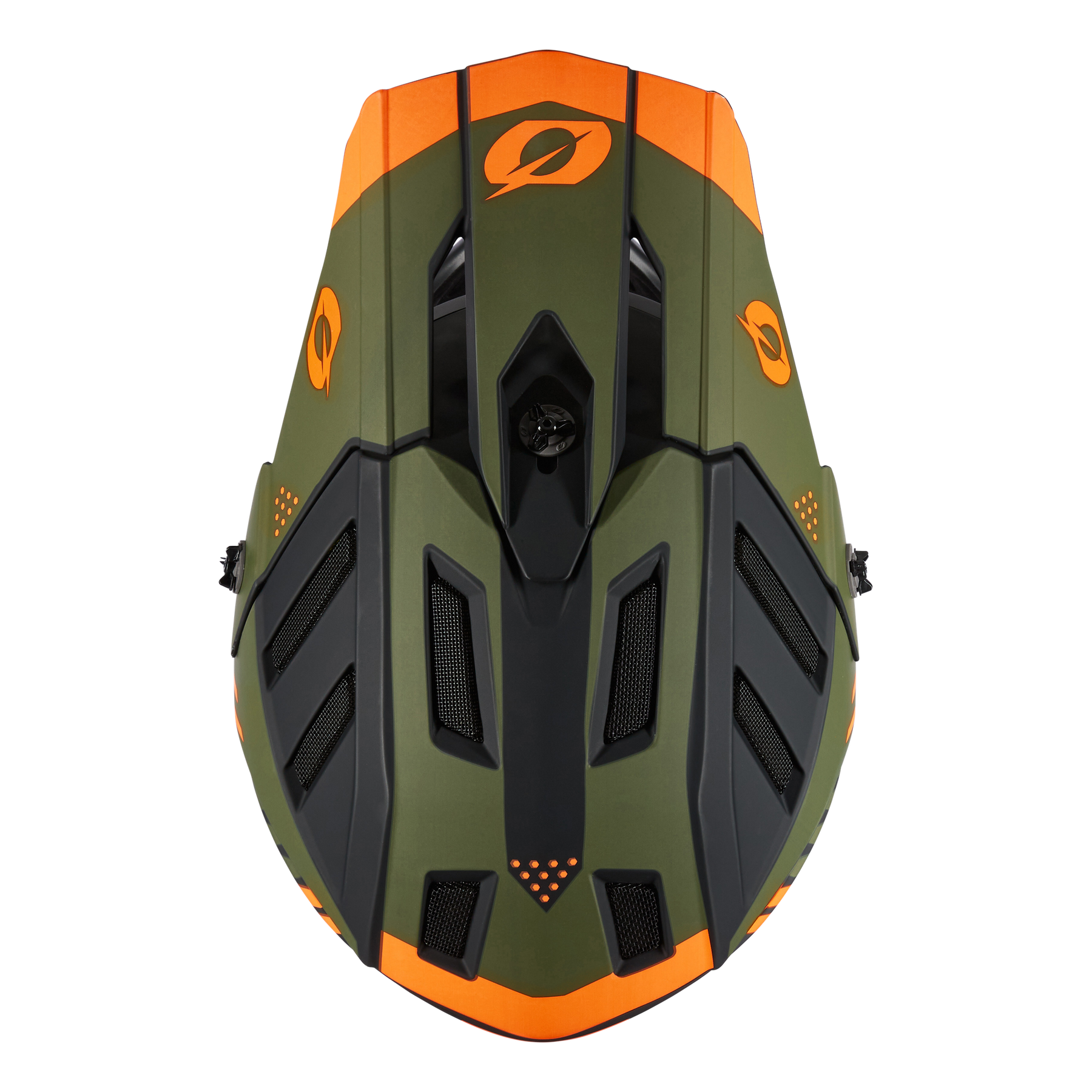 Der O'NEAL BACKFLIP Helm STRIKE in Grün und Schwarz mit orangefarbenen Akzenten, mehreren Belüftungsöffnungen und stilisierten O'NEAL-Logos auf der Vorderseite und an den Seiten von oben.