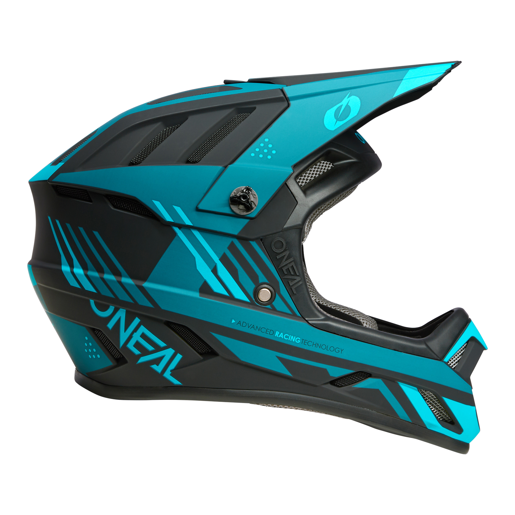 Der O'NEAL BACKFLIP Helm STRIKE ist ein blaugrüner und schwarzer MTB-Vollvisierhelm mit kantigem Design, Belüftungsöffnungen, auffälligen Grafiken und dem Schriftzug ADVANCED RACING TECHNOLOGY" - ideal für Mountainbike-Enthusiasten.