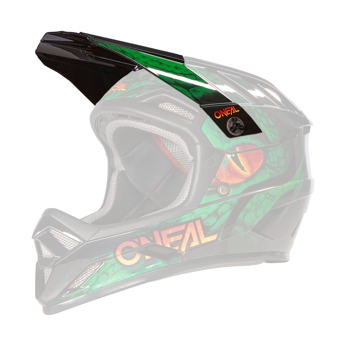 Der O'NEAL Visor BACKFLIP Helmet VIPER ist ein Fullface-Motocross-Helm mit grünem Reptilienhautmuster, einer orange-gelben Reptilienaugen-Grafik und dem O'NEAL-Logo an der Seite.