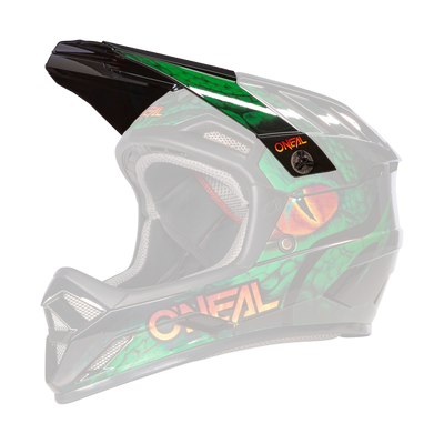 Der O'NEAL Visor BACKFLIP Helmet VIPER ist ein Fullface-Motocross-Helm mit grünem Reptilienhautmuster, einer orange-gelben Reptilienaugen-Grafik und dem O'NEAL-Logo an der Seite.