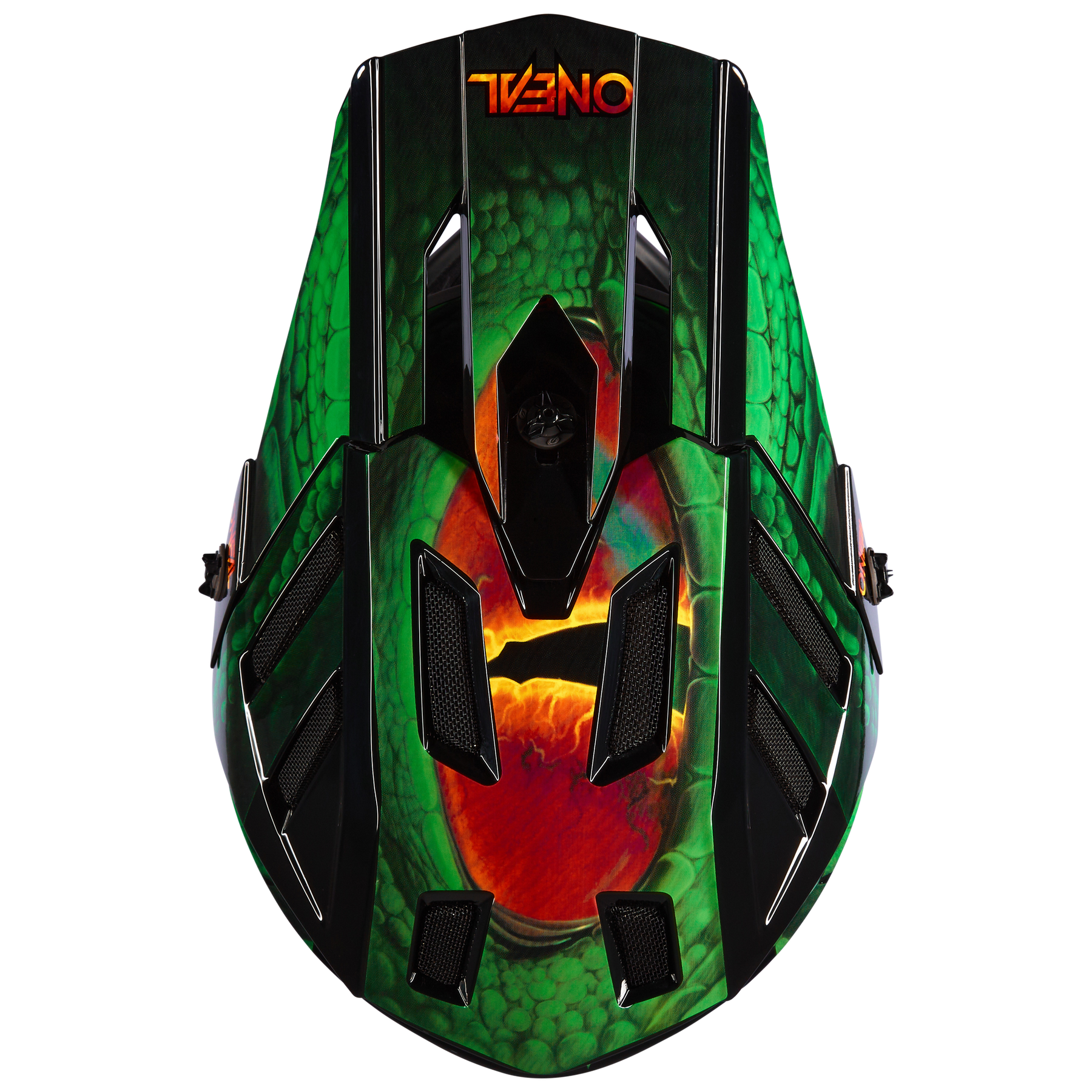 Der O'NEAL BACKFLIP Helm VIPER von O'NEAL zeigt ein grünes Reptilien-Design mit einem leuchtend orangefarbenen Auge und einem auffälligen "TIVERO"-Schriftzug - ein idealer Helm für jeden Mountainbike-Fan.