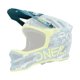Der O'NEAL Visor BLADE Polyacrylite Helmet HR ist ein Vollvisier-Motocross-Helm in den Farben Petrol und Gelb mit Fahrzeuggrafiken und einem auffälligen gelben "O'NEAL"-Schriftzug an der Seite auf schwarzem Hintergrund.
