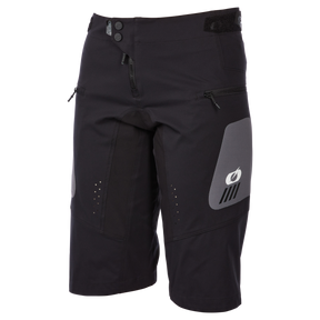 O'NEAL ELEMENT FR Damen Shorts HYBRID: Schwarze knielange MTB-Shorts mit Reißverschlusstaschen, grauen Oberschenkel-Einsätzen, kleinem weißen O'NEAL-Logo auf dem linken Bein, Knopf und Reißverschluss vorne und verstellbarem Bund. Entwickelt für Komfort und Leistung.