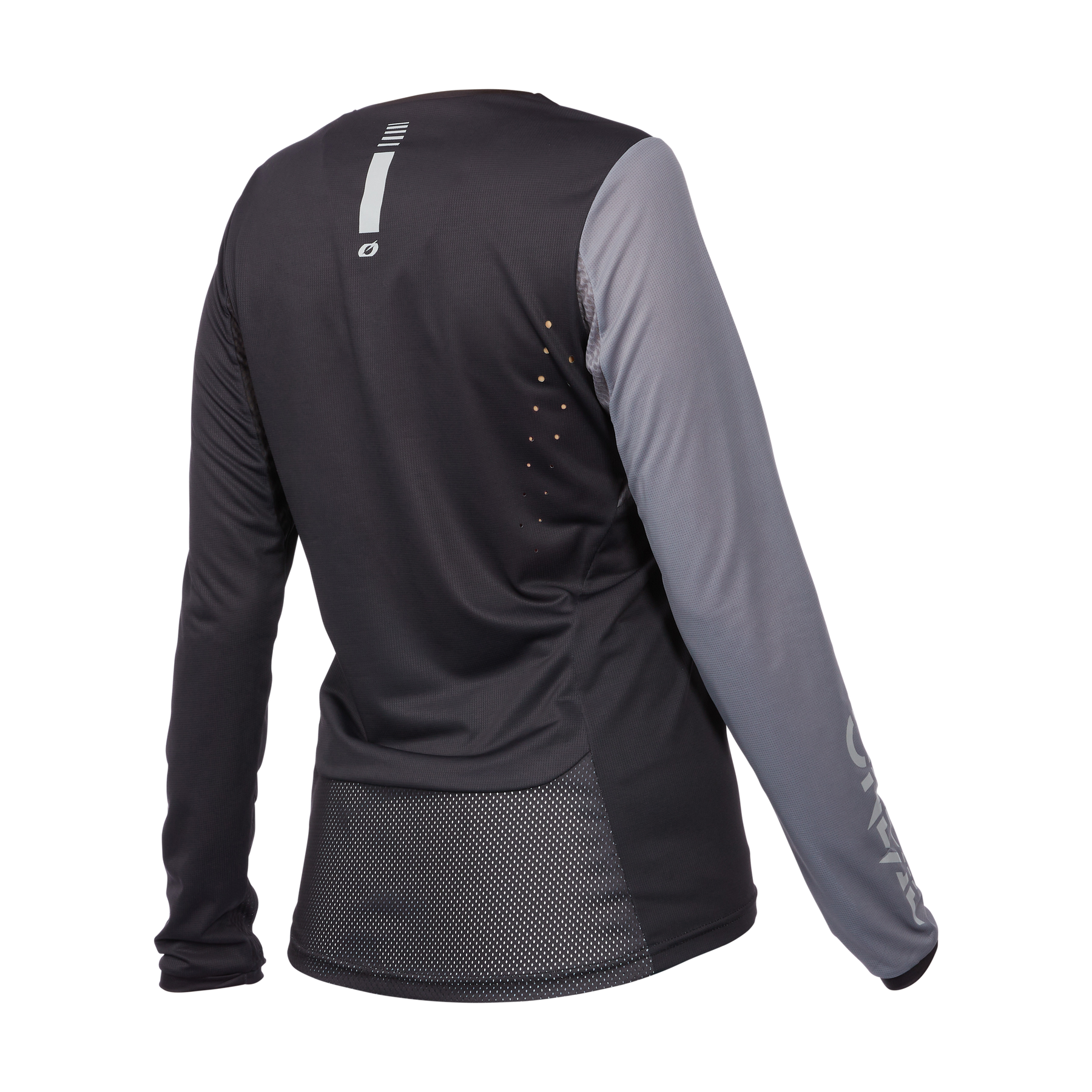 Das O'NEAL ELEMENT FR Damen-MTB-Trikot HYBRID ist von hinten abgebildet. Es hat einen schwarzen Körper, graue Ärmel, ein O'NEAL-Logo auf dem oberen Rücken, vertikale Reflexstreifen und ein atmungsaktives Mesh-Paneel am unteren Rücken zur Belüftung.