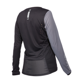 Das O'NEAL ELEMENT FR Damen-MTB-Trikot HYBRID ist von hinten abgebildet. Es hat einen schwarzen Körper, graue Ärmel, ein O'NEAL-Logo auf dem oberen Rücken, vertikale Reflexstreifen und ein atmungsaktives Mesh-Paneel am unteren Rücken zur Belüftung.