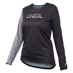 Das O'NEAL ELEMENT FR Damen-MTB-Trikot HYBRID verfügt über das O'NEAL-Logo, einen dunkelgrauen Körper und linken Ärmel, einen hellgrauen rechten Ärmel, atmungsaktives Material und einen nach hinten fallenden Saum. Perfekt als MTB-Trikot für Frauen.