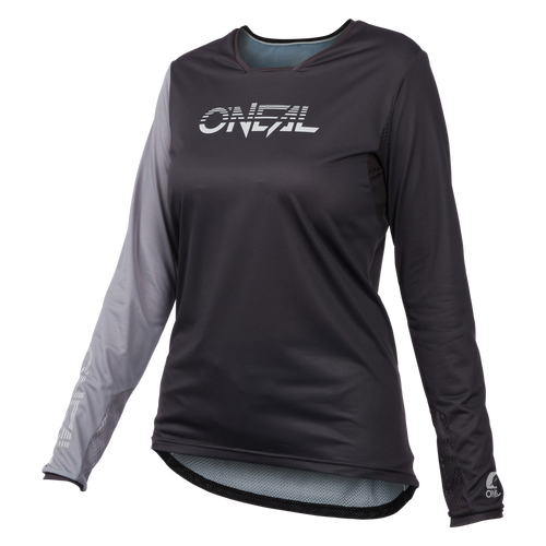 Das O'NEAL ELEMENT FR Damen-MTB-Trikot HYBRID verfügt über das O'NEAL-Logo, einen dunkelgrauen Körper und linken Ärmel, einen hellgrauen rechten Ärmel, atmungsaktives Material und einen nach hinten fallenden Saum. Perfekt als MTB-Trikot für Frauen.