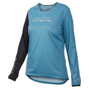 Das O'NEAL ELEMENT FR Damen-MTB-Trikot HYBRID hat ein blaues Design mit einem schwarzen Ärmel, ein O'NEAL-Brustlogo, Mesh-Einsätze für Atmungsaktivität und eine legere Passform für Fahrkomfort.