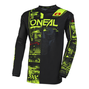 Le maillot O'NEAL ELEMENT ATTACK présente des graphiques noirs et jaunes fluo accrocheurs, des motifs abstraits et le logo O'NEAL sur le devant, les bras et les épaules. Fabriqué en tissu respirant pour un ajustement parfait.