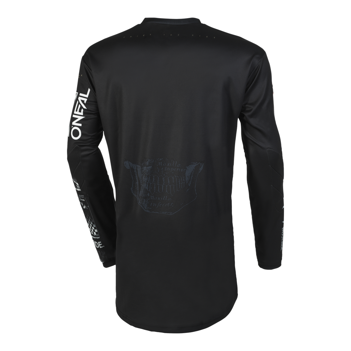 La maglia Element ATTACK in nero, vista da dietro, presenta una grafica sottile e la scritta "#ONEAL" in bianco sulla manica destra. Realizzata in materiale traspirante per una vestibilità e un comfort perfetti.