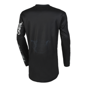 Le maillot O'NEAL ELEMENT ATTACK en noir, vu de derrière, a un graphique discret et "ONEAL" en blanc sur la manche droite. Fabriqué en tissu respirant pour un ajustement et un confort parfaits.