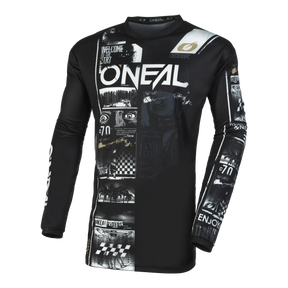 Le maillot ELEMENT ATTACK de O'NEAL est un maillot de motocross noir à manches longues avec une impression graphique blanche et grise. Il est fabriqué dans un tissu respirant qui assure le confort et un ajustement parfait sur la piste.