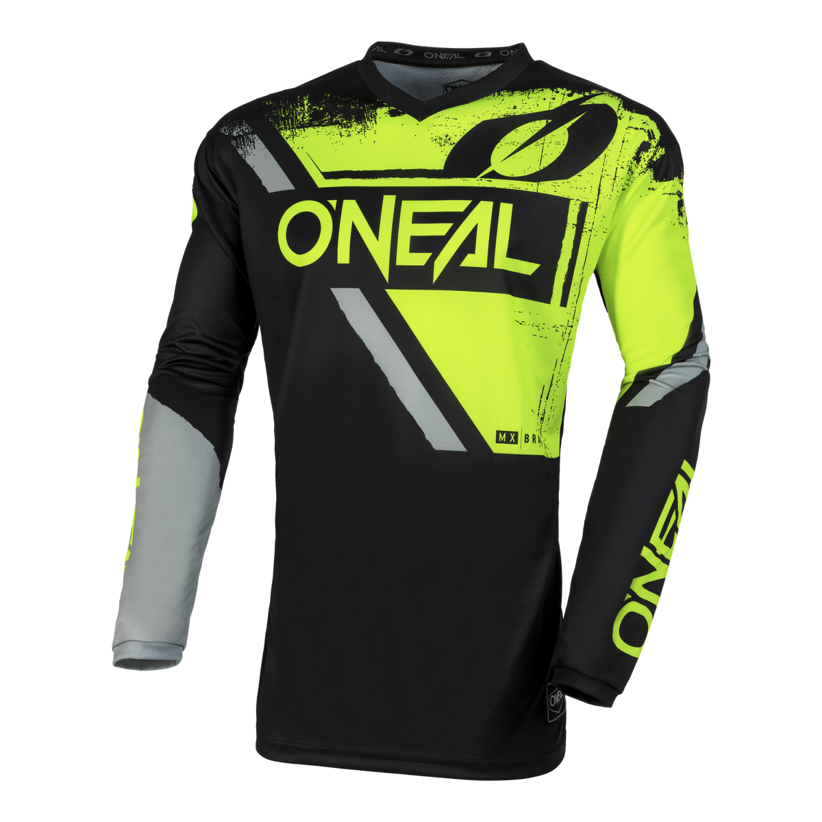 Das O'NEAL ELEMENT Trikot SHOCKER hat eine schwarze Basis mit neongelben und grauen Grafiken, O'NEAL Branding auf der Brust und den Ärmeln und atmungsaktives Material für perfekten Sitz und Komfort.