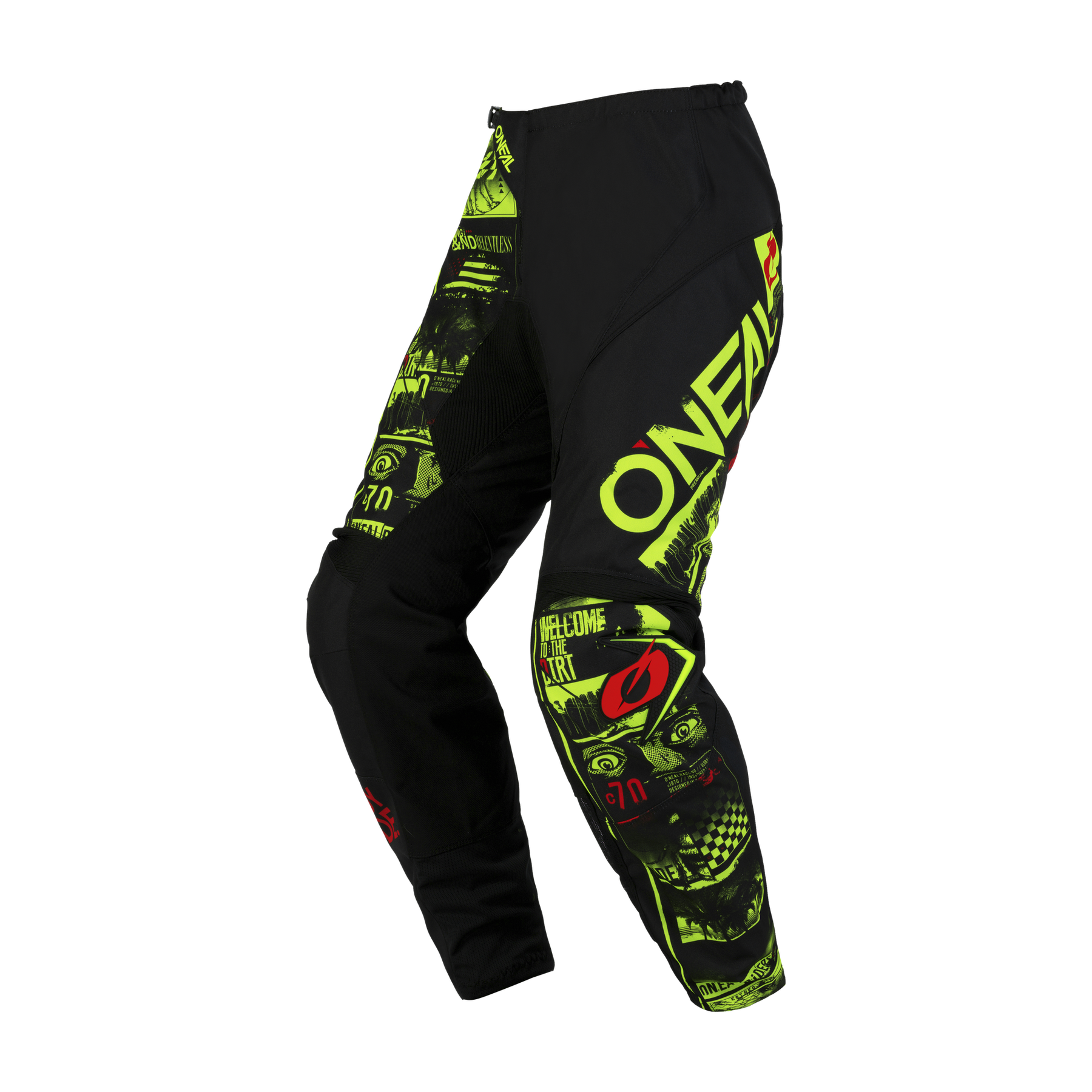 Die O'NEAL ELEMENT Hose ATTACK in Schwarz und Neongelb zeigt den fetten "ONEAL"-Schriftzug, Gesichter, Augen und geometrische Muster auf dem rechten Bein. Mit Reißverschluss vorne und angepassten Bündchen bietet diese Motocross-Hose Komfort und Schutz für Motorsportfans.