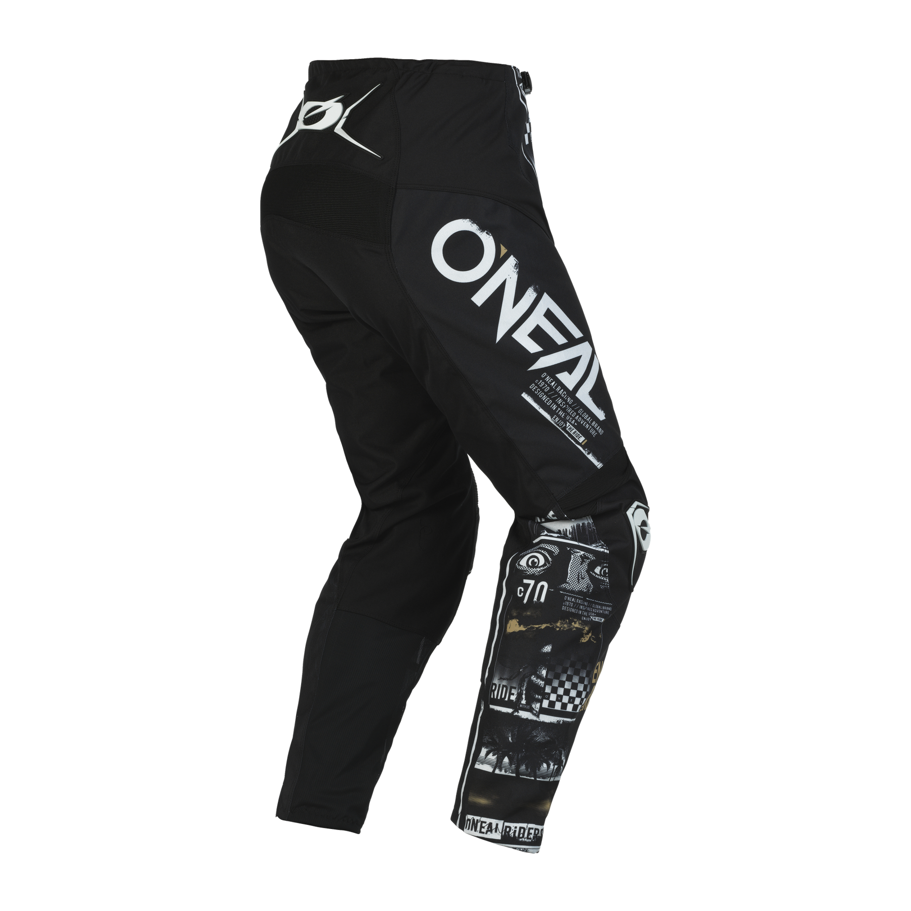 Die O'NEAL ELEMENT Hose ATTACK ist eine schwarze Sporthose mit dem Schriftzug "O'NEAL" in kräftigem Weiß und weißen Grafikdetails auf einem Bein. Entwickelt für den Motorsport, bieten sie Komfort und Schutz für Ihr Abenteuer.