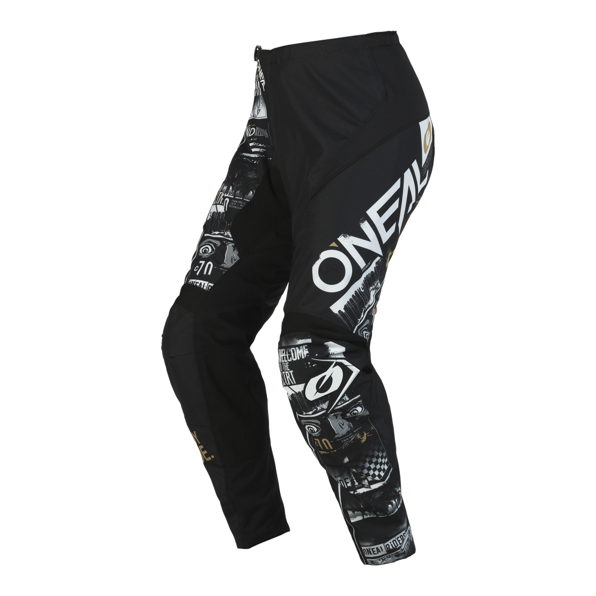 Pantaloni Element di O'NEAL Pantaloni da motocross ATTACK per bambini con marchio bianco e grafiche dinamiche grigie e bianche sulle gambe che spiccano su uno sfondo semplice.