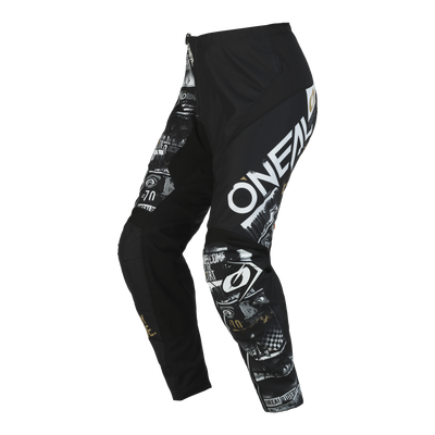 O'NEAL ELEMENT pants youth ATTACK motocross pants with eye-catching white branding and dynamic gray and white graphics on the legs that stand out against a solid color background.