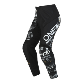 The O'NEAL ELEMENT pants ATTACK in black with eye-catching white "O'NEAL" lettering and graphic motifs on the legs offer comfort and protection for motorsport fans. Shown on a white background.