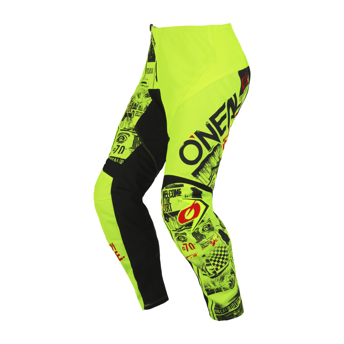 The O'NEAL ELEMENT pants youth ATTACK are neon yellow and black motocross pants with eye-catching graphics and the "O'NEAL" logo, designed for young riders and featuring a solid color background.