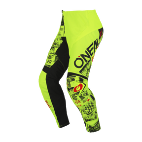 Le pantalon O'NEAL ELEMENT ATTACK pour enfants est un pantalon de motocross jaune fluo et noir avec des graphiques accrocheurs et le logo "O'NEAL", conçu pour les jeunes pilotes et visible sur un fond uni.
