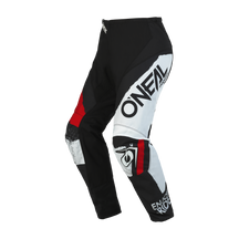 The O'NEAL ELEMENT pants SHOCKER in black, white and red with the lettering "O'NEAL" on the thigh and "ENJOY RIDE" on the lower leg offer comfort and protection for motorsport fans. Shown on a white background.