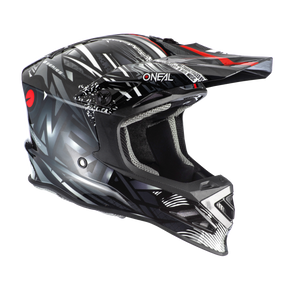 Il casco O'NEAL F-SRS SYNTHY Quin ready ha un design nero e grigio con accenti rossi e una grafica dinamica. Questo casco elegante è dotato di visiera e aperture di ventilazione che garantiscono un look sportivo e una protezione ottimale.