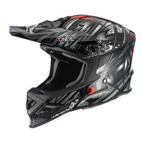 L'O'NEAL F-SRS SYNTHY è un casco da motocross nero con un design squadrato, una visiera e una mentoniera per una protezione robusta. Il marchio "O'NEAL" è ben visibile sul lato.
