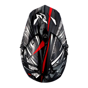Vista dall'alto del casco O'NEAL F-SRS SYNTHY Quin ready di O'NEAL, con fantasie taglienti, accenti rossi e grafica bianca. Questo elegante casco è raffigurato su uno sfondo bianco.