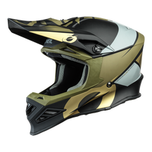 The O'NEAL F-SRS GLITCH helmet from O'NEAL features a matte black, gold and white camo design with visor, chin guard and ventilation openings. Shown on the side on a white background, it offers stylish motocross head protection.
