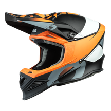 The O'NEAL F-SRS GLITCH helmet from O'NEAL has an eye-catching design in black, orange, white and gray with a large visor, ventilation openings and a padded interior for optimal head protection. Shown from the side on a white background.