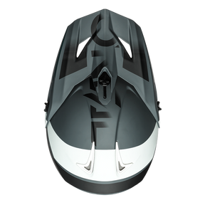 Vue de dessus d'un véhicule aquatique racé, noir et gris, avec des motifs géométriques audacieux et des contours aérodynamiques. Son design reflète le style dynamique du casque O'NEAL F-SRS GLITCH de O'NEAL - il allie vitesse et protection de la tête de première classe.
