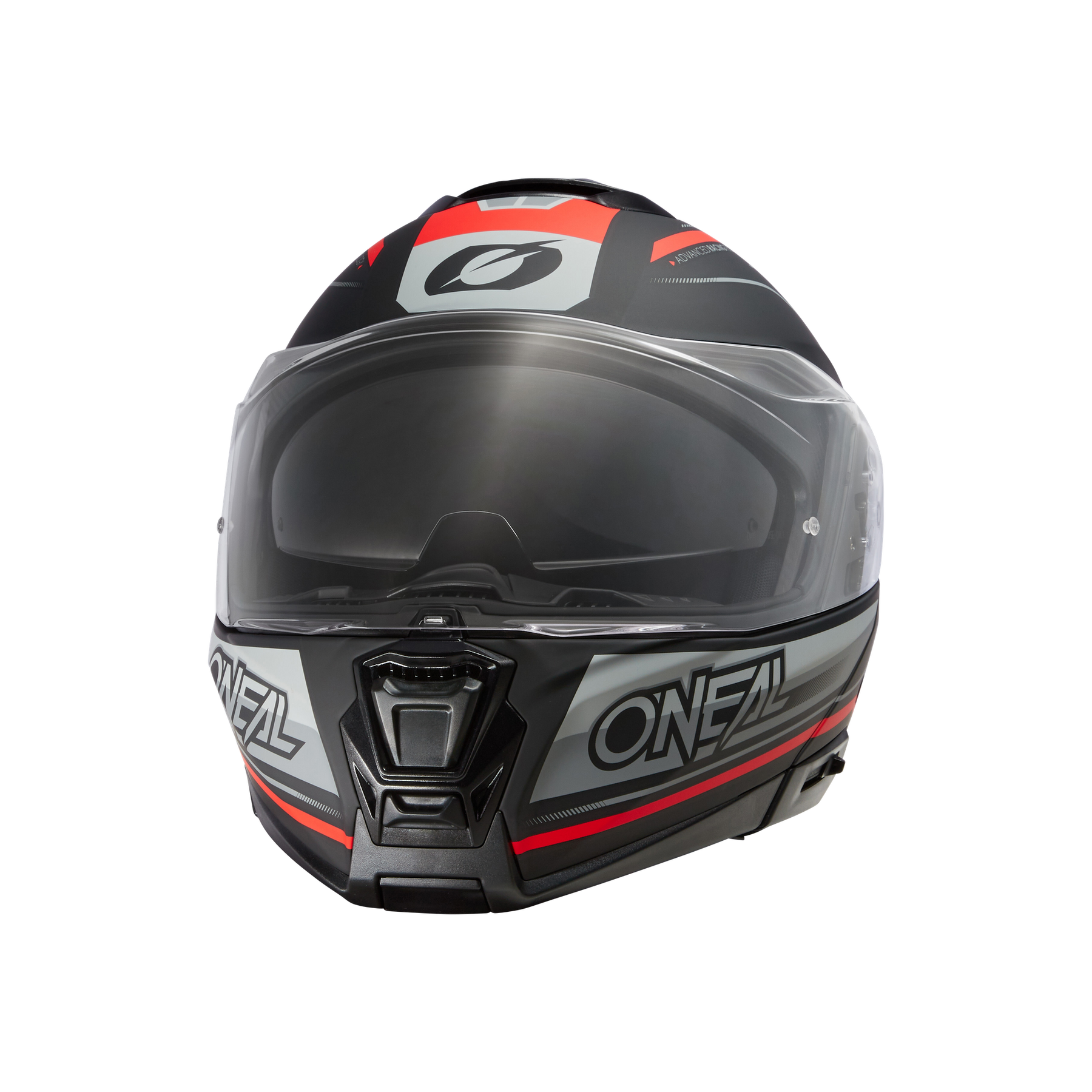 Der O'NEAL M-SRS Helm STRING ist ein Integralhelm in den Farben Schwarz, Grau und Rot mit klarem Visier, auffälligem weißem O'NEAL"-Schriftzug auf der Vorderseite, kantigem Design, M-SRS-Technologie und einer großen Belüftung unter dem Visier.
