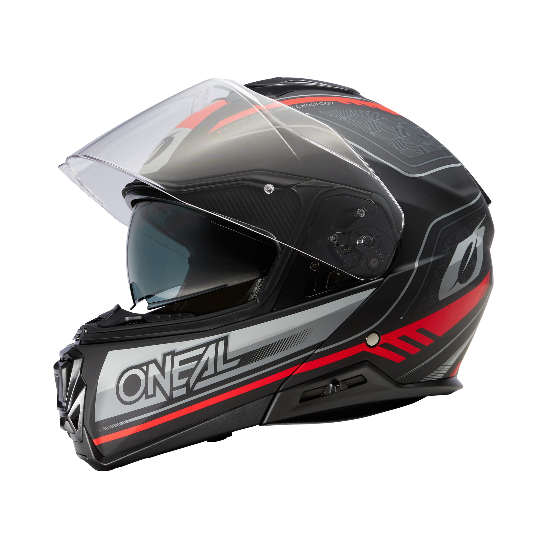 Der O'NEAL M-SRS Helm STRING ist ein Vollvisierhelm in Schwarz und Grau mit roten Akzenten, klarem Visier und auffälligem O'NEAL"-Logo an der Seite - ideal für Fahrer, die Wert auf Stil und Sicherheit legen.